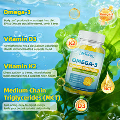 Mchokuu vegan omega-3 gummies close-up reveals pineapple taste and soft texture.