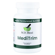 M.D. Blend MediTrim bottle on desk promoting steady energy and appetite balance.