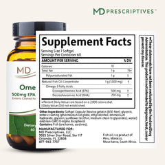 MD Prescriptives Omega MD bottle back label with ingredients for informed choices.