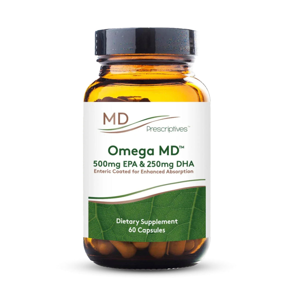 MD Prescriptives Omega MD bottle front highlighting brand and clear label for easy recognition.