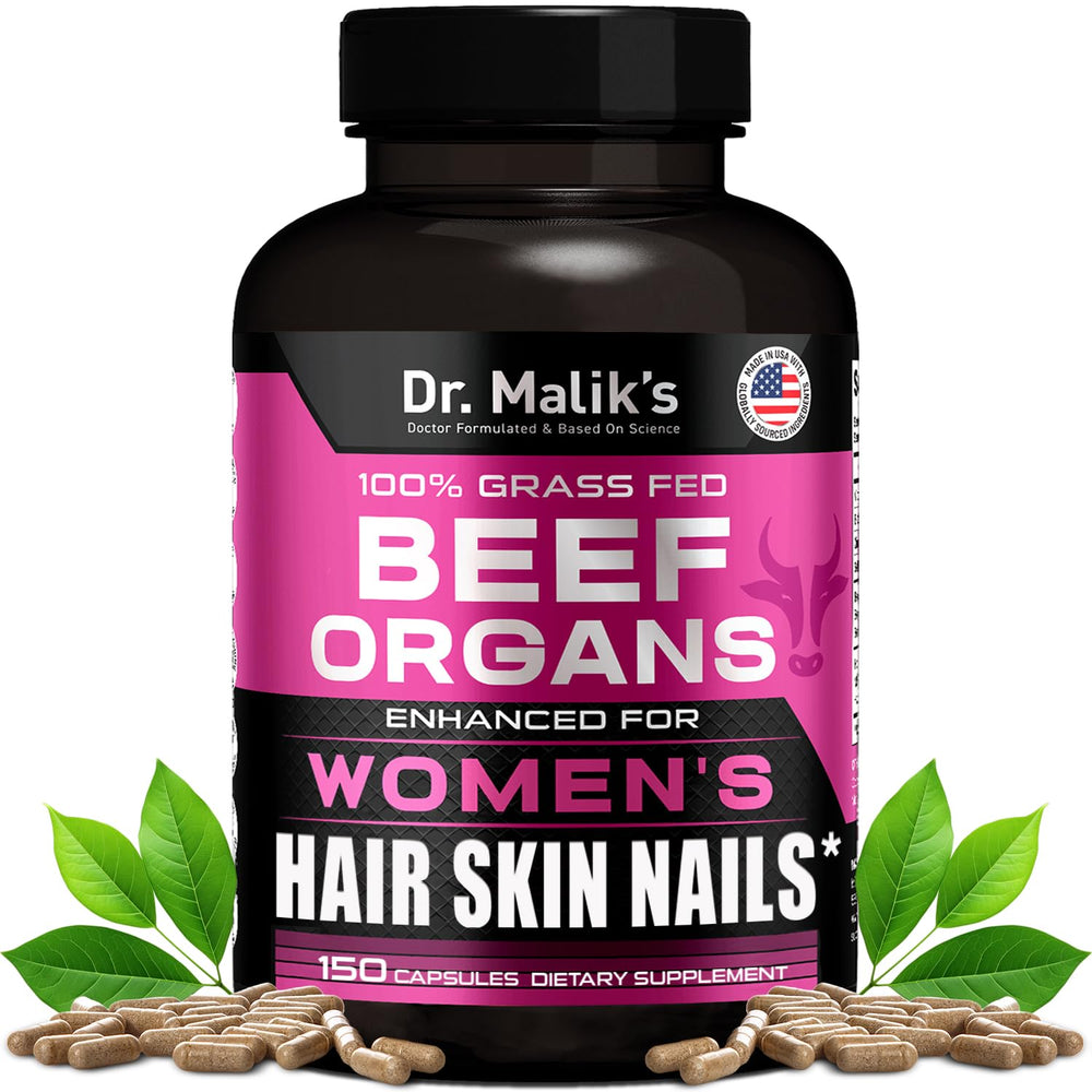 MD Supplements Beef Organs bottle pour shows convenient capsules for daily beauty nutrition.