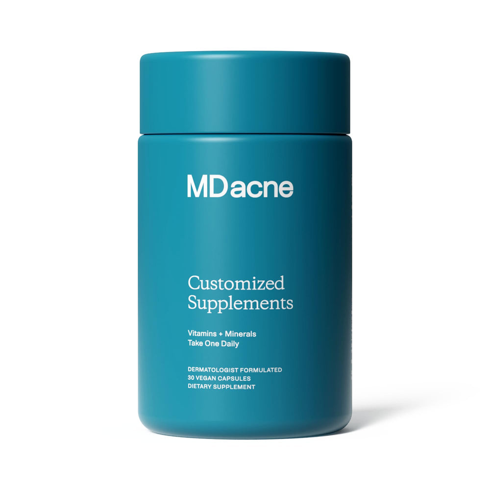 MDacne skin clearing vitamins bottle showing 30 capsules for daily skin support