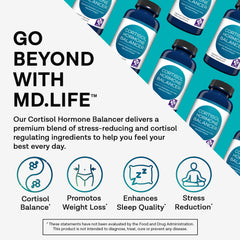 MD Life Cortisol Supplements bottle and label highlight vegan non GMO ingredients for wellness.