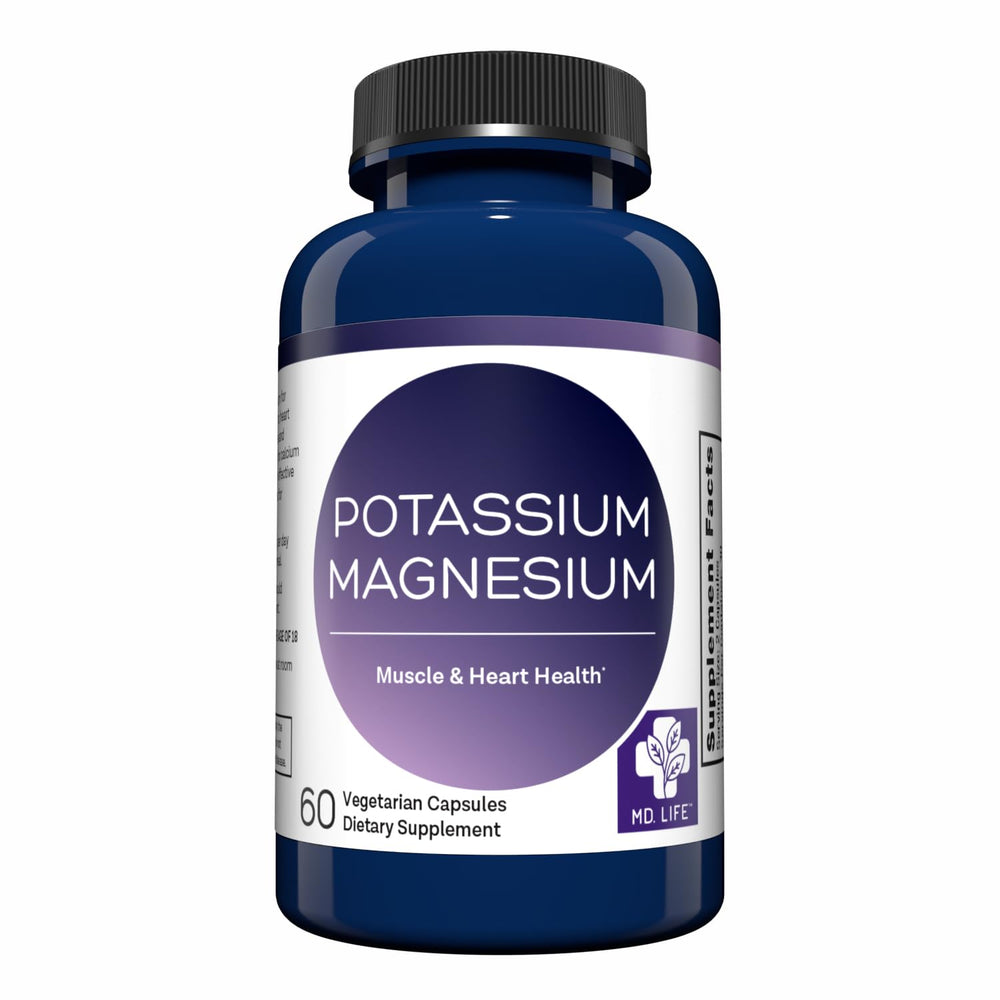 MD.LIFE Potassium Magnesium supplement bottle showing high absorption magnesium.