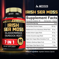 Mecisco bottle label highlights seven-herb sea moss blend