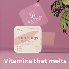 MedHugs NutriHugs daily strip closeup shows quick-dissolving formula for fast absorption.