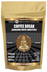 MEDICINAL FOODS Coffee Break powder tub shown; caffeine-free energy from plant-based blend for daily refreshment.