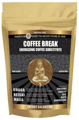 MEDICINAL FOODS Coffee Break powder tub shown; caffeine-free energy from plant-based blend for daily refreshment.