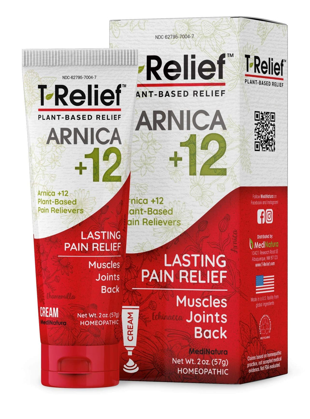 MediNatura T-Relief Arnica +12 Cream bottle highlighting natural actives for targeted relief