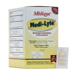 Medique Medi-Lyte tablet packaging for workplace mineral replenishment after heat exposure.