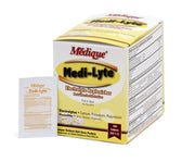 Medique Medi-Lyte tablets in a bottle close-up for quick hydration after heat exposure.