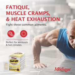 Front label of Medi-Lyte highlighting minerals for hydration support during hot shifts.