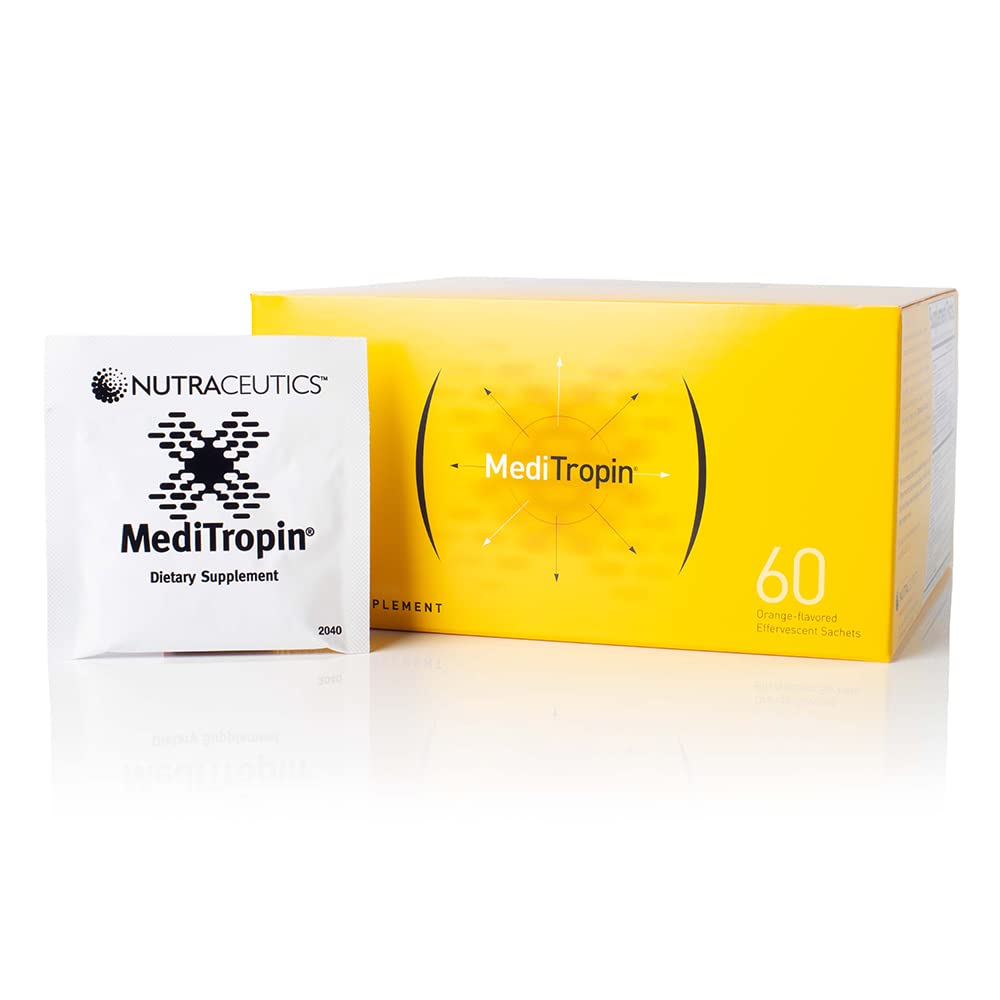 MediTropin orange effervescent sachet dissolves in water for a refreshing daily ritual.