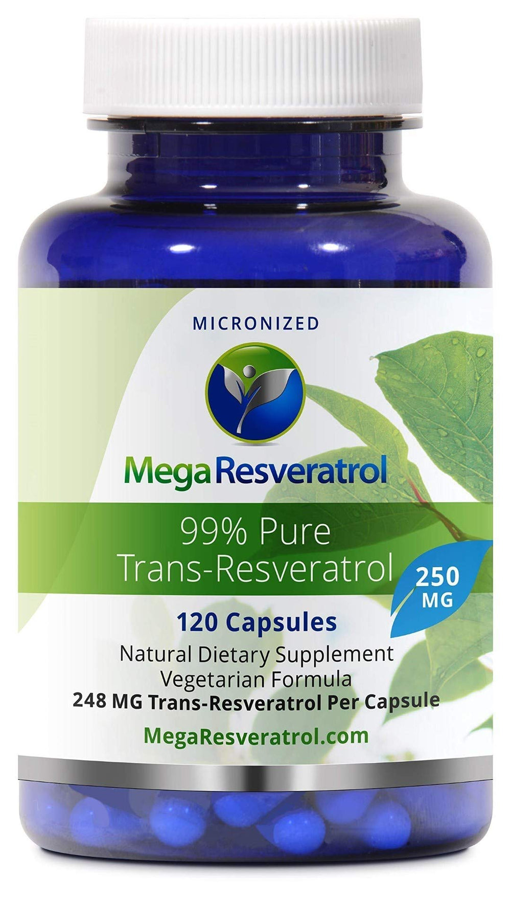 Mega Resveratrol bottle with 250 mg capsules suggesting reliable daily intake