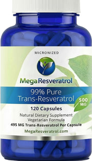 Mega Resveratrol bottle front showing 120 vegetarian capsules.