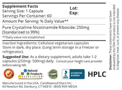 Mega Resveratrol NR label detail highlighting purity and no fillers