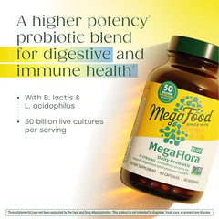 MegaFood MegaFlora Plus label detail shows 14 probiotic strains for diverse support