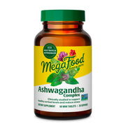 MegaFood Ashwagandha Complex bottle front with compact tablets for daily use