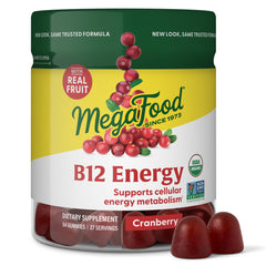 MegaFood B12 Energy Gummies cranberry label highlights vegan, organic energy support.