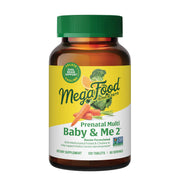 MegaFood Baby & Me 2 prenatal bottle shows a daily vitamin boost for mom and baby.