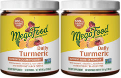 MegaFood Daily Turmeric booster powder tub close-up highlighting vegan formula for daily wellness