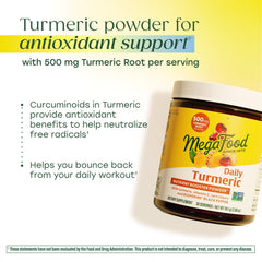 MegaFood Daily Turmeric Powder scoop emphasizes easy one scoop daily use.