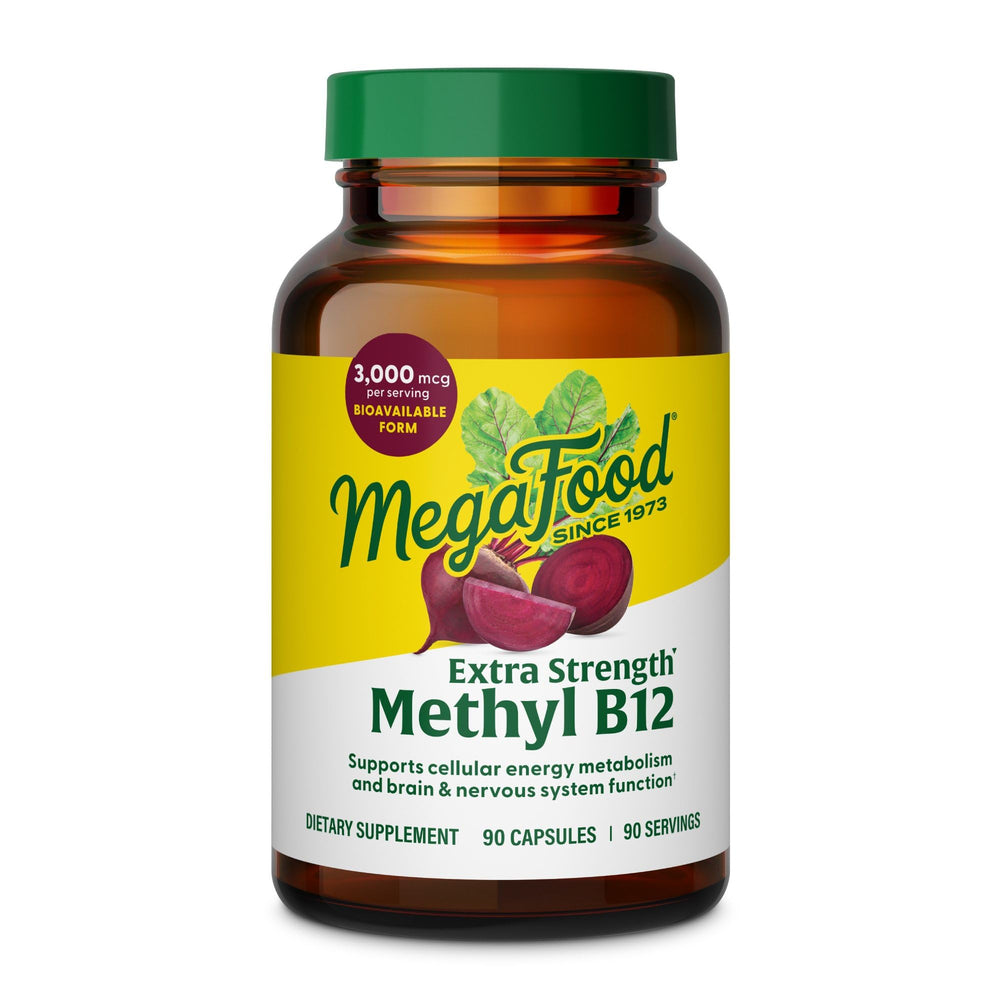 MegaFood Extra Strength Methyl B12 bottle, highlighting energy support.