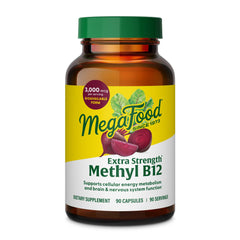 MegaFood Extra Strength Methyl B12 bottle, highlighting energy support.