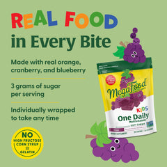 MegaFood Kids One Daily vegetarian formula label emphasizing plant-based nutrition