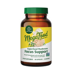 MegaFood Lions Mane capsules close-up, supporting focus and mental clarity for daily tasks.