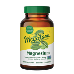 MegaFood magnesium bottle front, vegan daily wellness support.