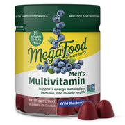 MegaFood Mens Multivitamin Wild Blueberry Gummies bottle supports energy metabolism and immune health.
