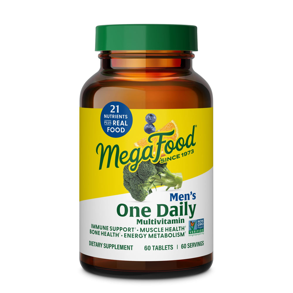 MegaFood One Daily Men’s Multivitamin bottle on countertop supports daily energy and immune health.