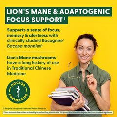 MegaFood Lions Mane and Bacopa packaging with clear dosage and ingredient details.