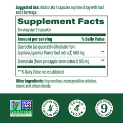 Close-up of MegaFood Quercetin with Bromelain capsules highlighting 500 mg quercetin per serving.