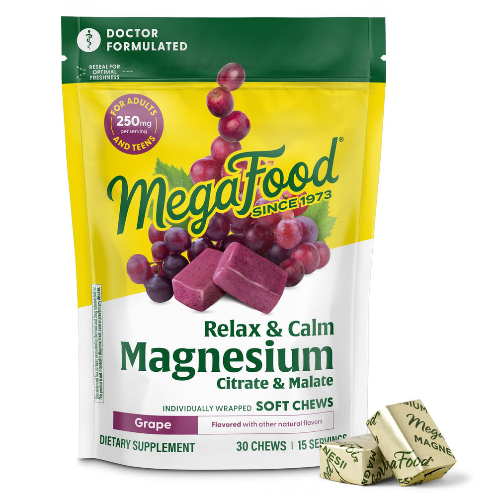 MegaFood Relax + Calm bottle front, doctor formulated magnesium for daily calm