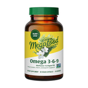 MegaFood Vegan Omega 3-6-9 bottle closeup highlighting burp-free capsules
