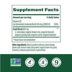 MegaFood D3 bottle back label details real-food formula and allergen-free benefits
