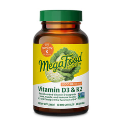 MegaFood Vitamin D3 5000 IU bottle with mini-capsules for daily bone support.