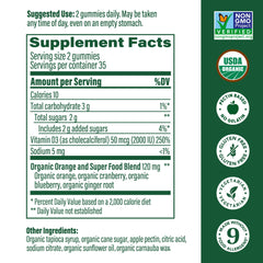 MegaFood Vitamin D3 Gummies label highlights ingredients and organic claims