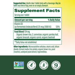 MegaFood D3 bottle label highlights real food ingredients for better quality.