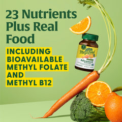 Pouring MegaFood Women's 40+ bottle illustrating a simple daily routine