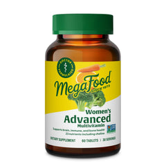 MegaFood Women's Advanced Multivitamin bottle front signaling daily wellness support