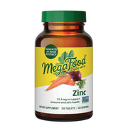 MegaFood Zinc supplements bottle front highlighting high-potency fermented zinc for daily immune support.
