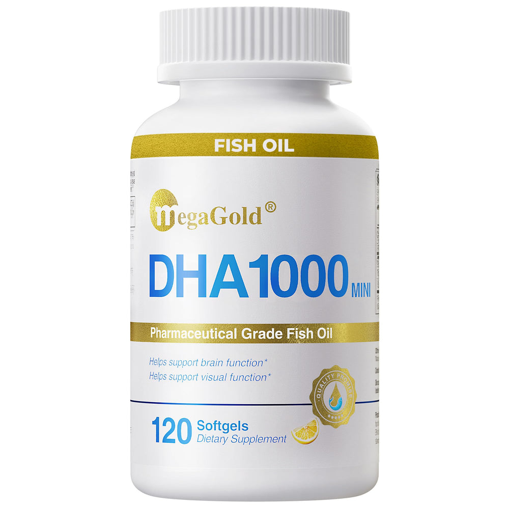 MegaGold DHA 1000 softgels bottle; convenient daily omega-3 source.