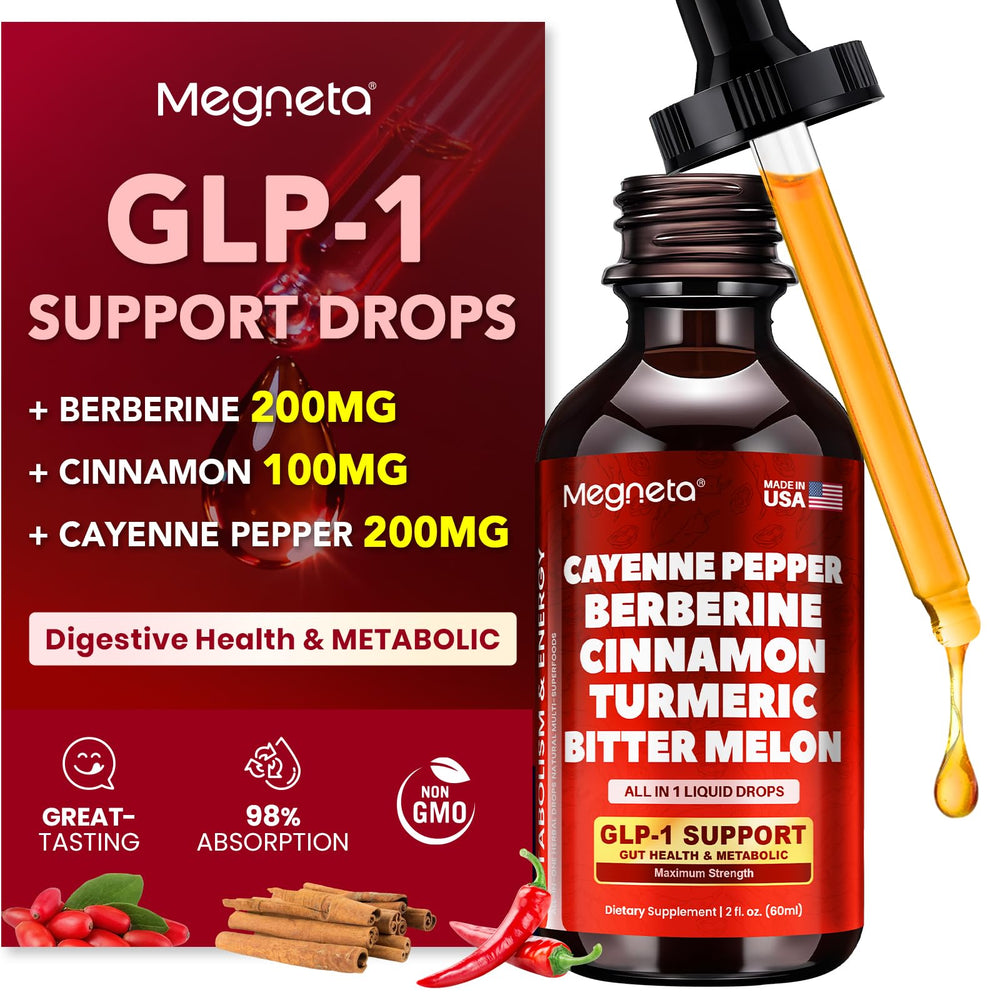 MEGNETA berberine-cinnamon-cayenne dropper bottle with rapid absorption cue