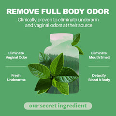 Closeup of MEGNETA chlorophyll capsules emphasizing natural odor control