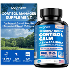 MEGNETA Cortisol Balance bottle pouring capsules for daily calm and better sleep support