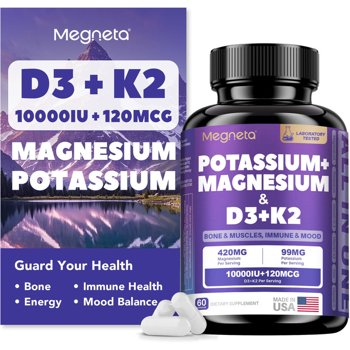 MEGNETA high-potency D3 K2 bottle label highlights bone support and immune system synergy.