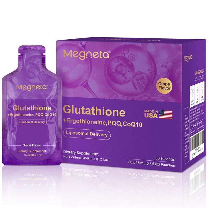 MEGNETA Liposomal Glutathione bottle close-up highlighting freshness and premium packaging